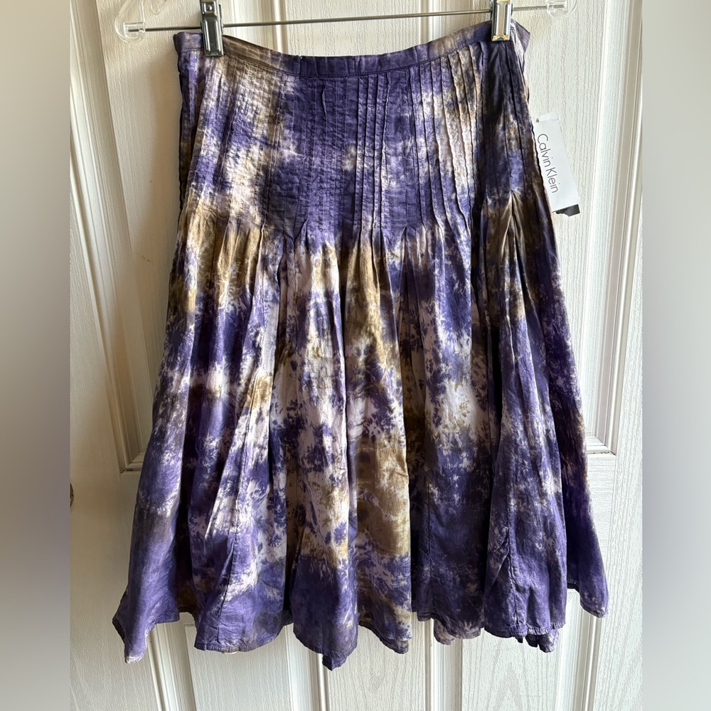 Calvin Klein Pleated Midi Skirt Size 2 Purple Tie Dye A-Line NWT